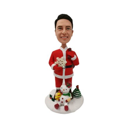 Santa Holding Snowflake and Snowman at His Feet Bobblehead
