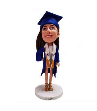 Girl Fresh From Graduation In Blue Toga Custom Bobblehead