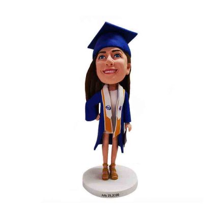 Girl Fresh From Graduation In Blue Toga Custom Bobblehead