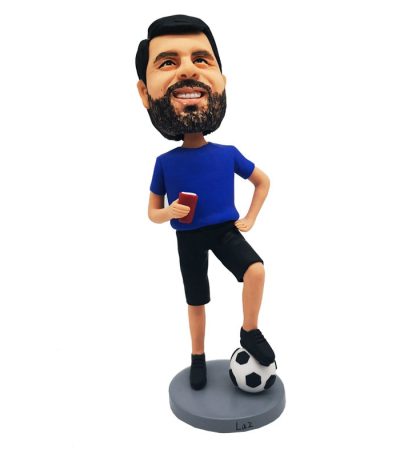 Custom Made Blue Shirt Soccer Player with Beer Bobblehead