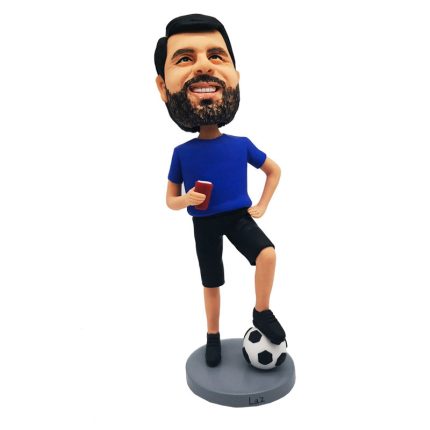 Custom Made Blue Shirt Soccer Player with Beer Bobblehead
