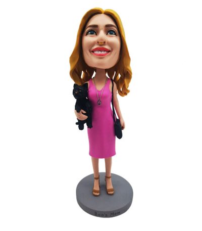 Fashionable Lady with a Pet Cat Personalized Bobblehead