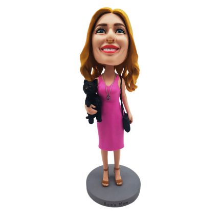 Fashionable Lady with a Pet Cat Personalized Bobblehead